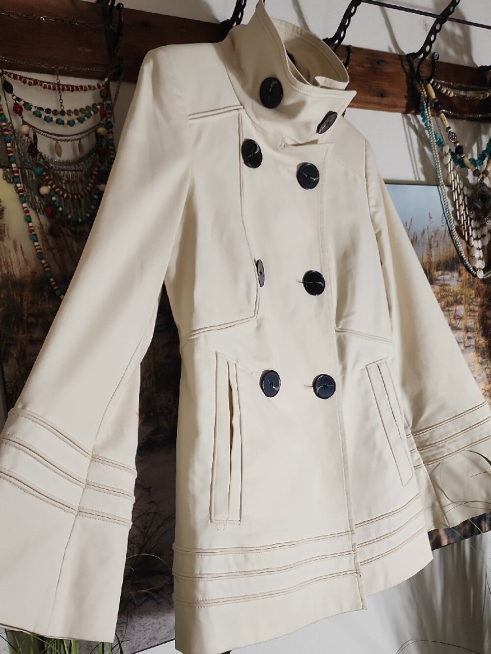 Zara Cream Double-Breasted Pea Coat with Black Buttons
